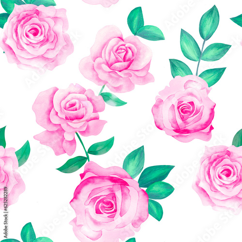 Watercolor flowers pattern, pink roses, green leaves, white background, seamless