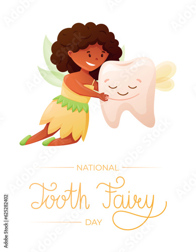 International world holiday Tooth Fairy Day. Childish cartoon vector banner or poster. Cute magical girl princess with wings hugging a tooth.