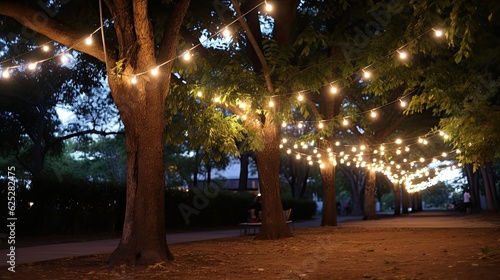Fairy lights strung between trees