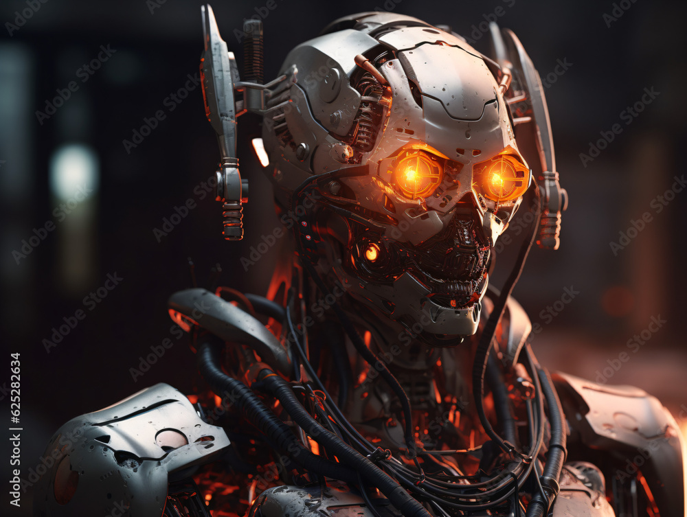 Fototapeta premium A futuristic robot with glowing orange eyes Generative Ai
