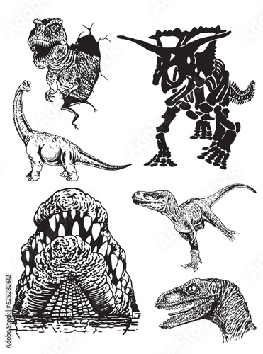 Graphical big set of dinosaurs isolated on white background,vector illustration,tattoo  designs.