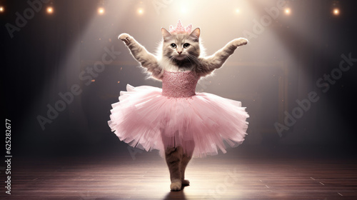 Cat wearing ballet tutu dancing ballet on a stage. Generative AI