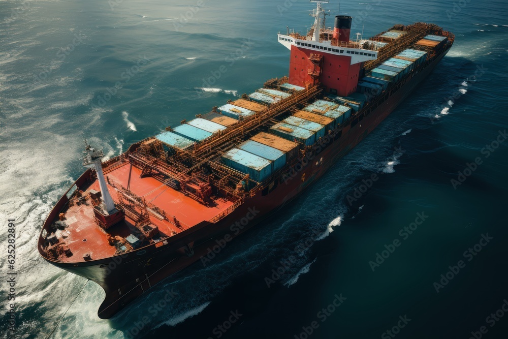 Aerial View of Cargo Ship. Import And Export Business. Commercial Trade Logistic and Transportation. International Trading. Shipping. Made With Generative AI.  