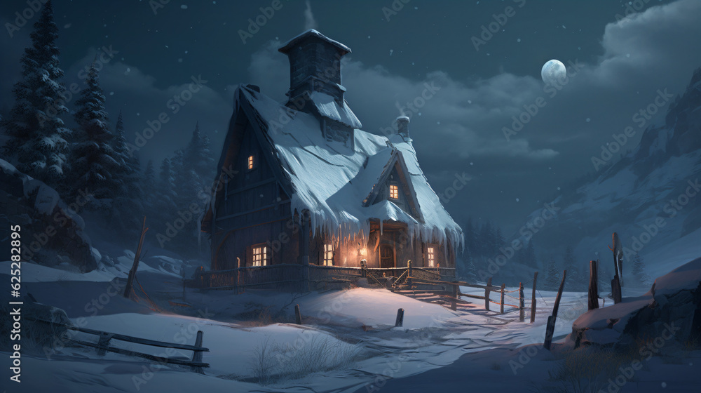 A house illuminated by the light of a full moon on a snowy night Generative Ai