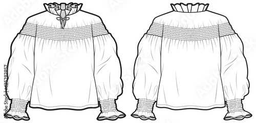 Girls poet Blouse woven top design flat sketch fashion illustration vector template with front and back view, Toddler baby girl shirring detail sleeve with ruffle neck blouse