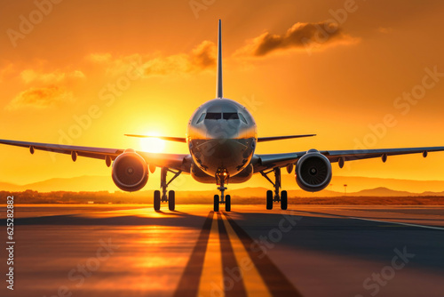 Sun-Kissed Departure: Airplane Taking Off in Golden Hour. Generative AI
