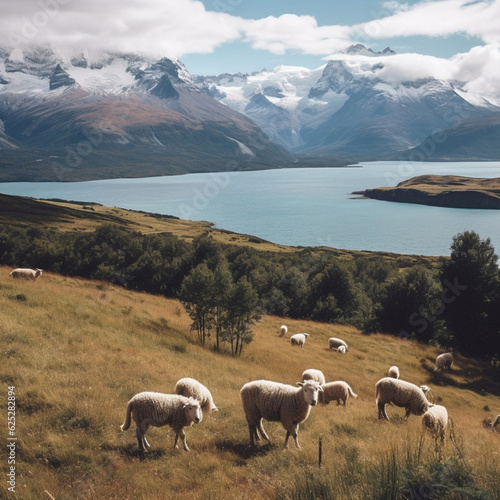 Sheep On A Hill Next To River And Mountains