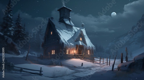 A house illuminated by the light of a full moon on a snowy night Generative Ai