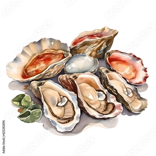 Fotografiet Watercolor oyster illustration, Oyster Shell Watercolor, seafood, Oyster and Mus