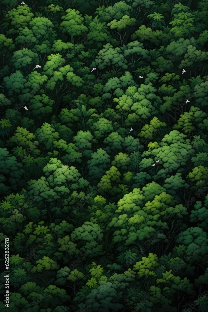 'Early morning painting captures lush green forest from above.' (Generative AI)