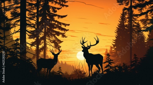 Silhouette of deer in sunset forest