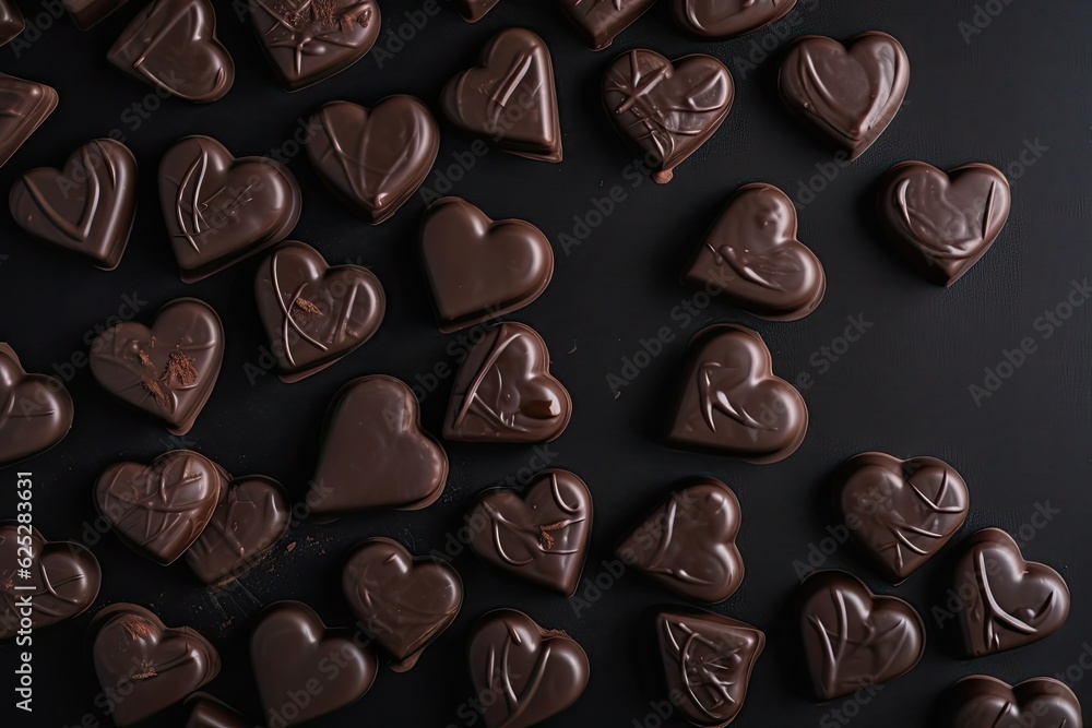 Fototapeta premium Beautiful composition of chocolate hearts located on a black background. Valentine's Day holiday.