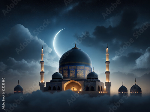 Beautiful mosque at night for decoration of ramadan, eid al fitr, eid al adha, muharram