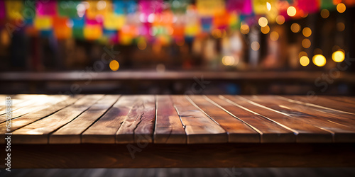 empty table with Mexican fiesta background out of focus.