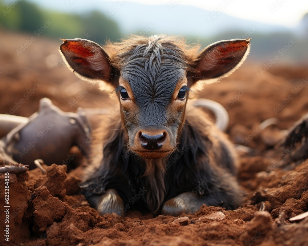 Fototapeta premium A sandy baby wildebeest gazes into the camera. (Generative AI)