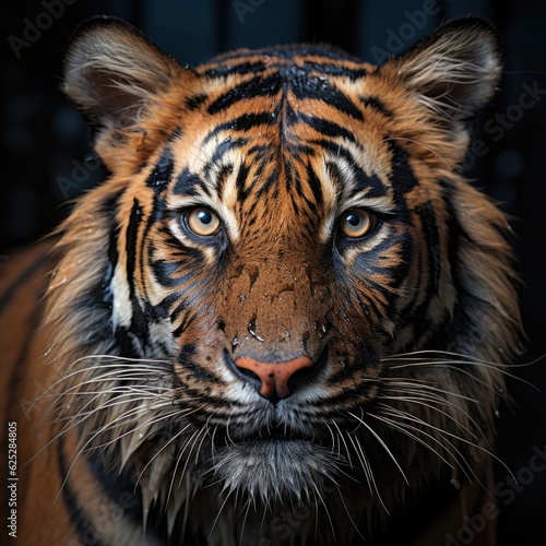 In the dark  a tiger s face is shown up close.  Generative AI 