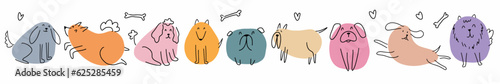 Vector collection of funny dogs in different poses and different breeds, hand-drawn in the style of doodles.