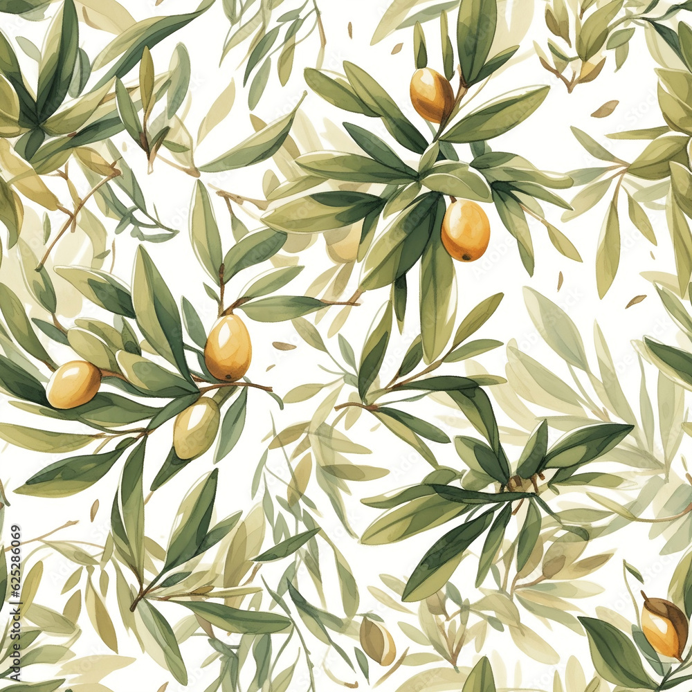 Obraz premium Olives seamless pattern color sketch style hand drawn background, olive branches with leaves on white background. Italian food. ai