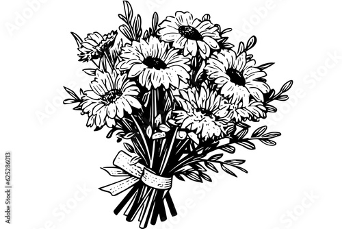 Hand drawn chamomile ink sketch. Daisy bouquet engraving vector illustration.