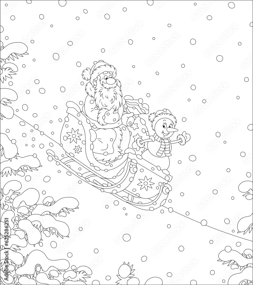 Santa Claus and a funny snowman with a magic bag of holiday gifts sledding down a snow hill in a winter forest and waving in greeting, black and white vector cartoon illustration for a coloring book Santa Claus and a funny snowman with a magic bag of holiday gifts sledding down a snow hill in a winter forest and waving in greeting, black and white vector cartoon illustration for a coloring book