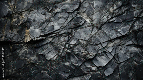 Black white rock texture. Dark gray stone granite background for design. Rough cracked mountain surface. Close-up. Crumbled