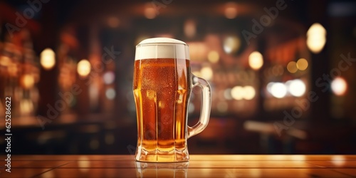 AI Generated. AI Generative. Beer glass mug with light beer at pub bar tavern background on wooden table night life party. Graphic Art