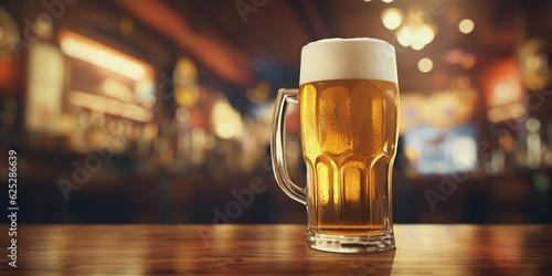 AI Generated. AI Generative. Beer glass mug with light beer at pub bar tavern background on wooden table night life party. Graphic Art