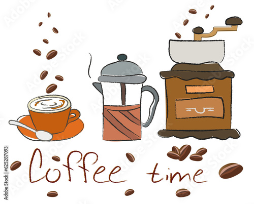 Relax coffee time banner ads, illustration brown cup in top view, engraving style background, lettering, Coffee beans.