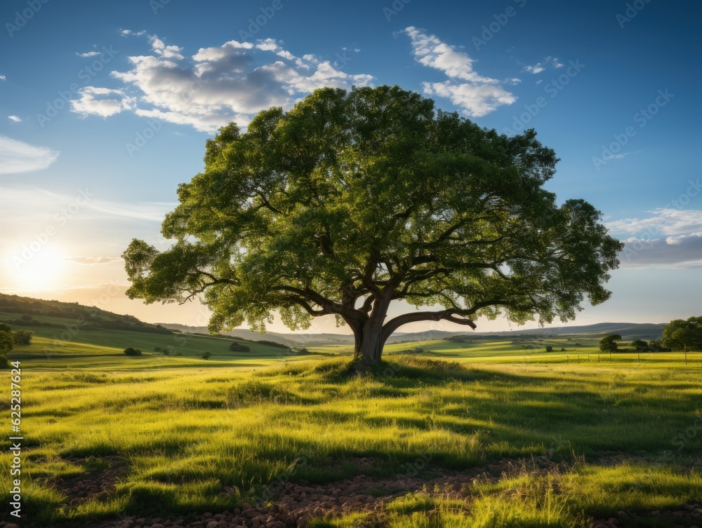 The sun shining through a majestic green oak tree on a meadow, with clear blue sky in the background, panorama format