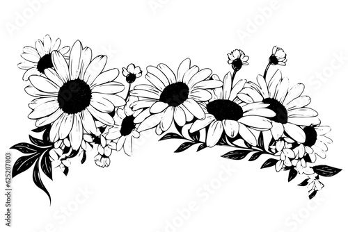 Hand drawn chamomile ink sketch. Daisy bouquet engraving vector illustration.