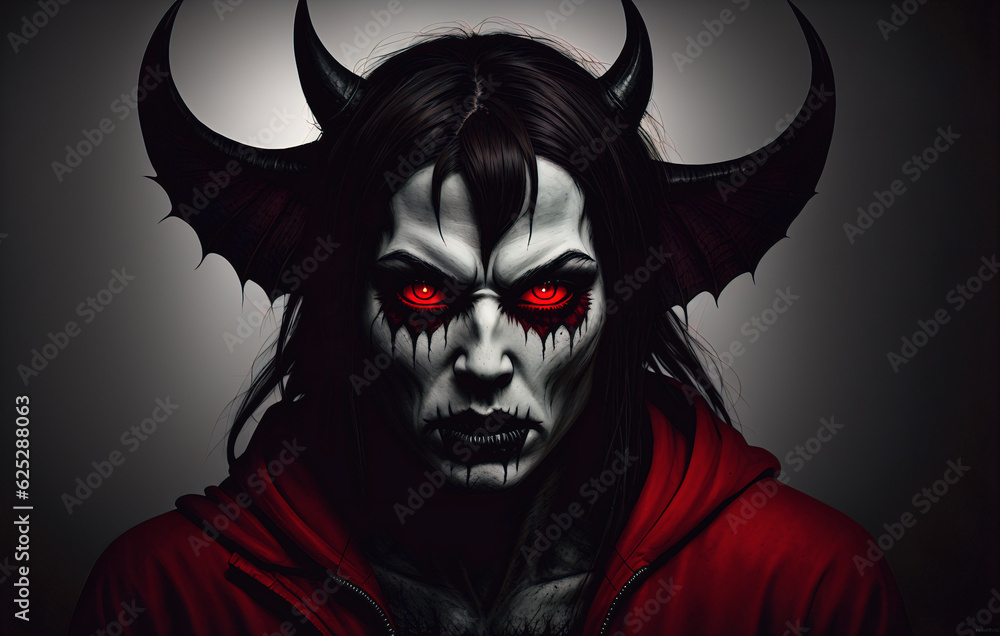 Portrait of a terrible devil with horns. Halloween. A sinister demon. Generative AI Portrait of a terrible devil with horns. Halloween. A sinister demon. Generative AI