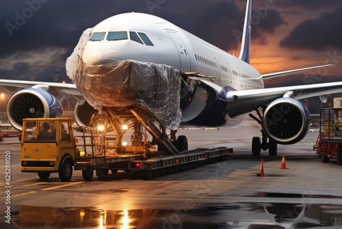 Cargo Airplane. Loading Platform of Cargo Aircraft. Preparing the Cargo Aircraft Before Flight Loading of Baggage. Loading cargo plane outside air freight logistic. Made With Generative AI.