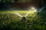 Automatic lawn sprinkler watering green grass. Garden irrigation system lawn. Generative AI.