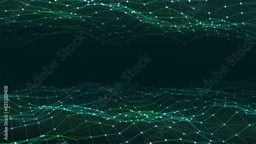 Double abstract green technology wave. Flow of particles. Big data transfer visualization. Vector illustration.