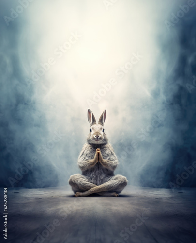 Calm looking rabbit or hare, sitting on ground in lotus like position. Zen meditation concept. Vertical banner with copy space above. Generative AI