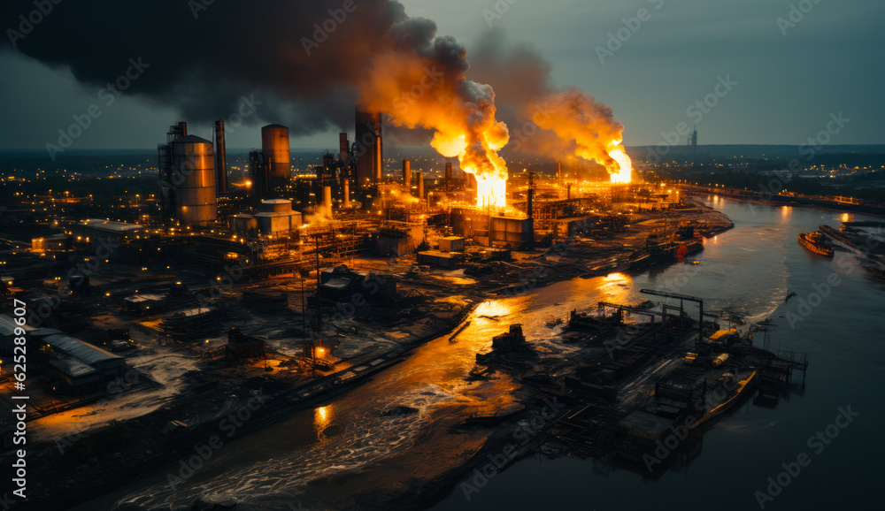 Fire on the factory aerial view. Fire industrial accident. Generative AI.