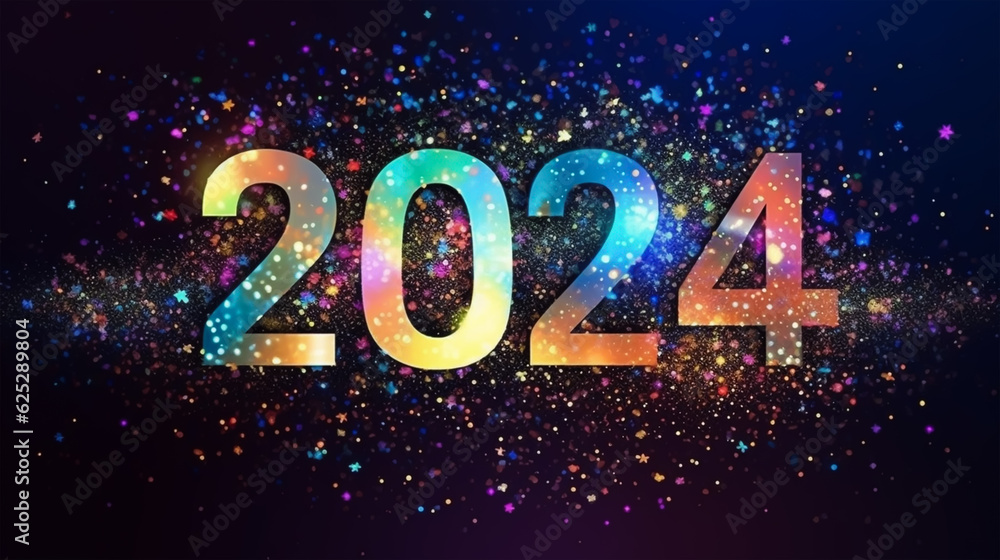 Happy New Year 2024. Colorful background with lights.