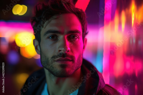 Man fashion portrait on abstract colorful background. Male model looking at camera, neon colored lighting. Created with Generative AI