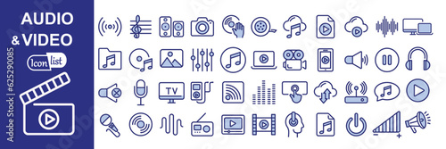 Audio Video colored icon set. Line icon collection set. Music, Cinema, File, Song, Movie and more. Simple vector icons. Vector illustration	