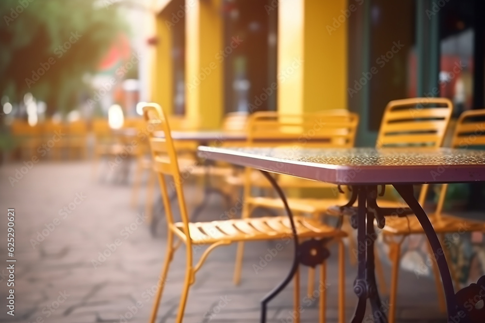 Empty tables in a cafe outdoors, yellow colors, blurred background. Generative AI