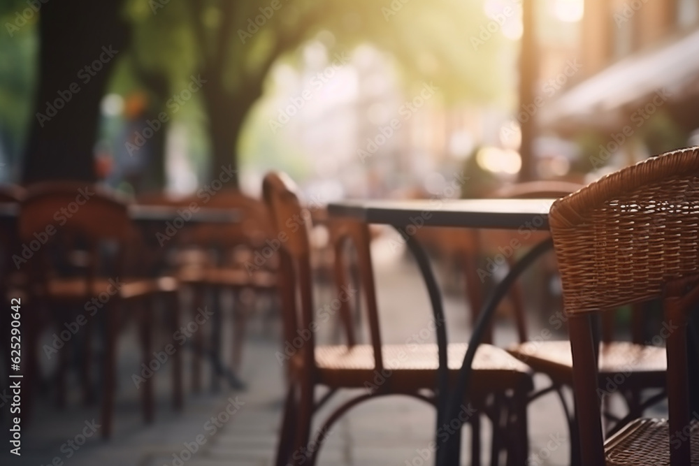 Empty table in a cafe outdoors, blurred background. Generative AI