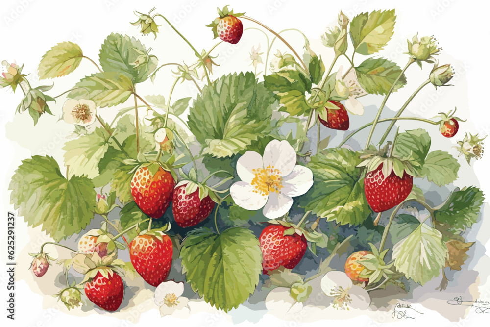 strawberry plant in flower, Montana variety, growing in a green plastic growing bag Strawberries varieties botanical illustration strawberry plant in flower, Montana variety, growing in a green plastic growing bag Strawberries varieties botanical illustration
