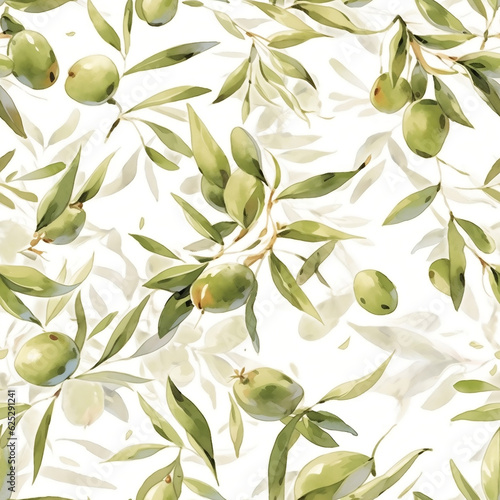 Olives seamless pattern color sketch style hand drawn background, olive branches with leaves on white background. Italian food. ai