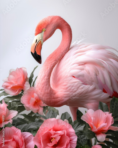 Generated photorealistic image of a bright flamingo with a curved neck in peony flowers  © Evgeniya Fedorova