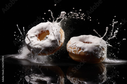 Generated photorealistic image of sugar donuts on a black background