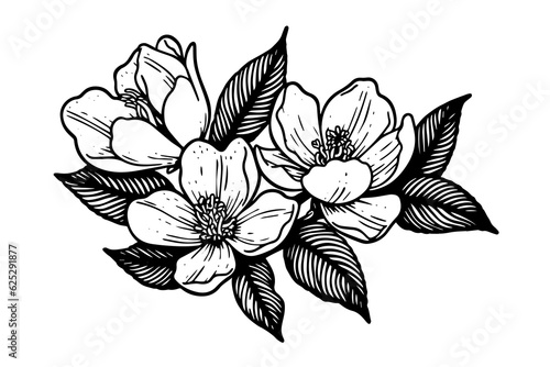 Hand drawn magnolia flower ink sketch. Engraving style vector illustration.