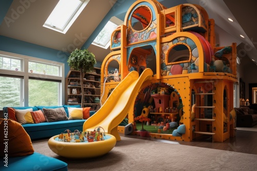 An energetic play area abundant with multicolored playthings, a fun cooking set, and a comfy reading spot, tailored for children's fun and learning. Generative AI © Ivy