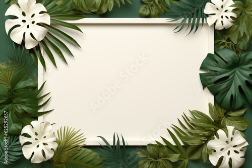 Mockup frame  A charming wooden frame setup juxtaposed with a wallpaper adorned with vibrant tropical foliage. Generative AI