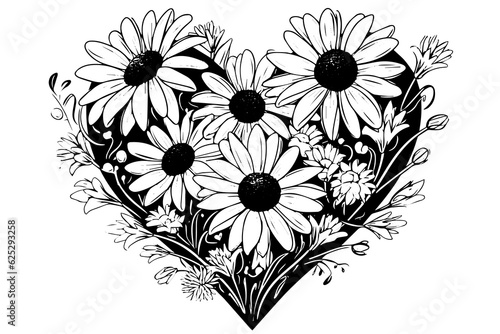 Hand drawn chamomile ink sketch. Daisy bouquet engraving vector illustration.