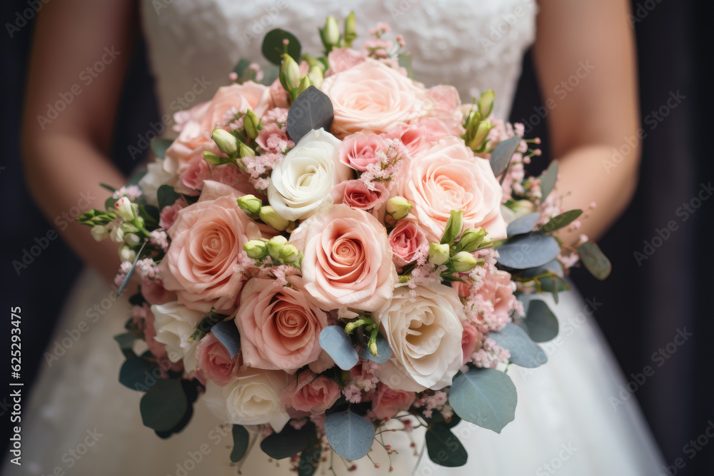 Bride holding a beautiful Bridal Bouquet, Pink Wedding Flowers, White Wedding Dress - Generative Ai